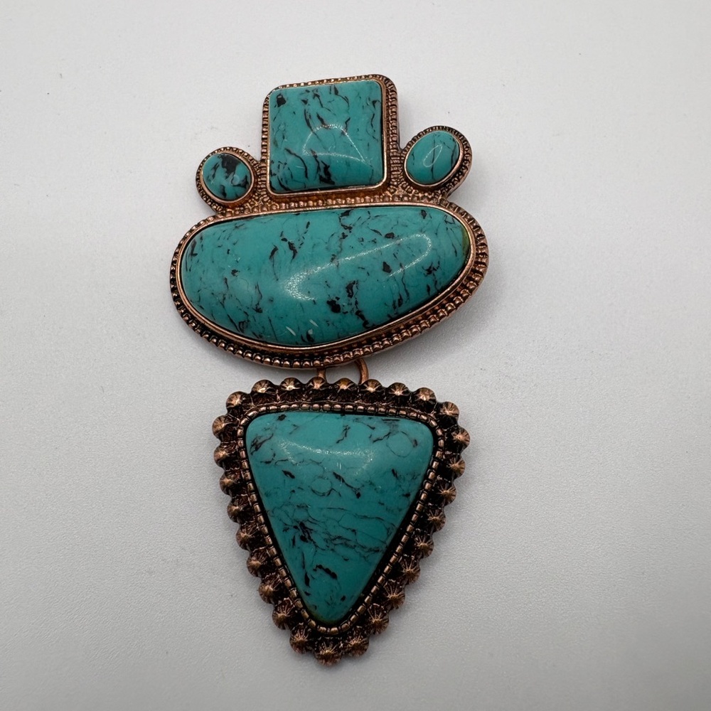 Vintage Copper Tone Statement Pendant Faux Turquoise Stones, Southwestern Style